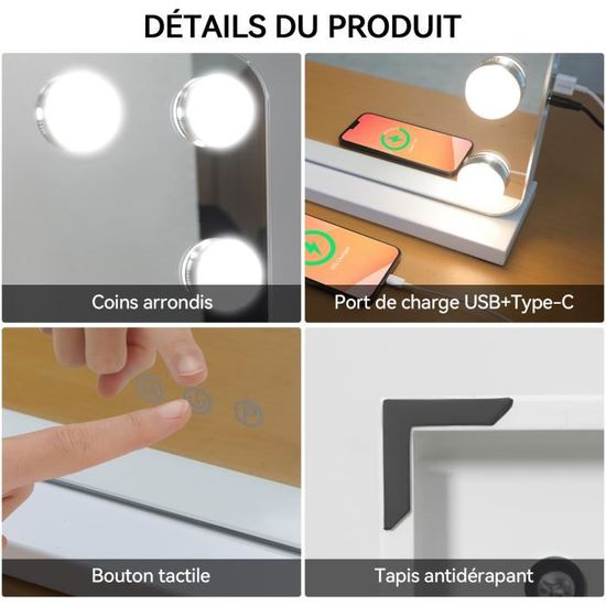 HOMCOM Miroir Maquillage Hollywood Lumineux LED Tactile - 3 Modes éclairage, Inclinable, Adaptateur - Métal Blanc Verre Pas Cher