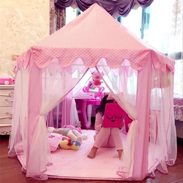 Tente Tipi Enfant Avec Guirlandes Lumineuses - 100x120x130cm - Rose & Gris - Pour Chambre, Jeu Intérieur