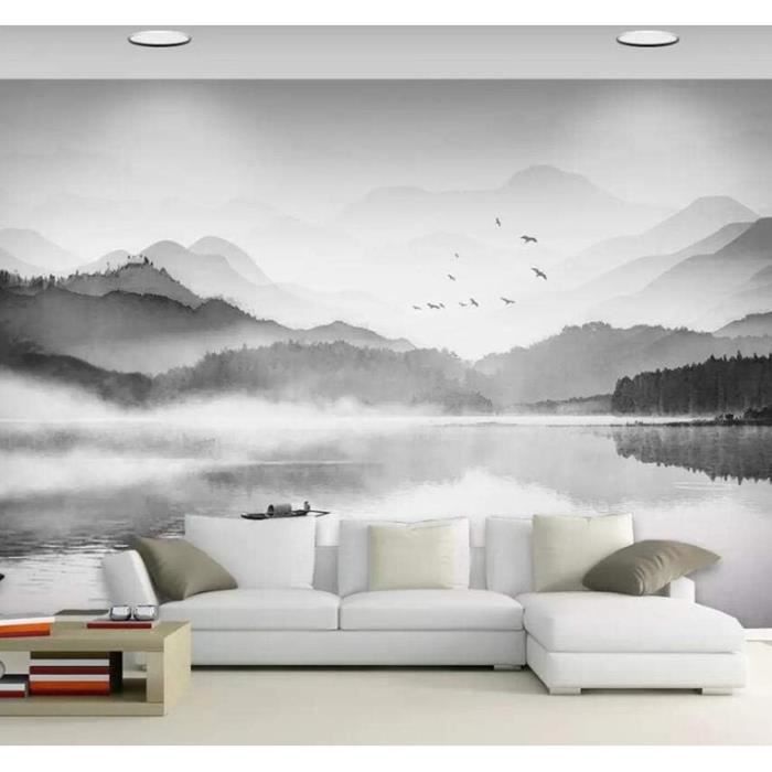Papier Peint Panoramique Noir Et Blanc Nature Montagne Effet 3d Salon ...