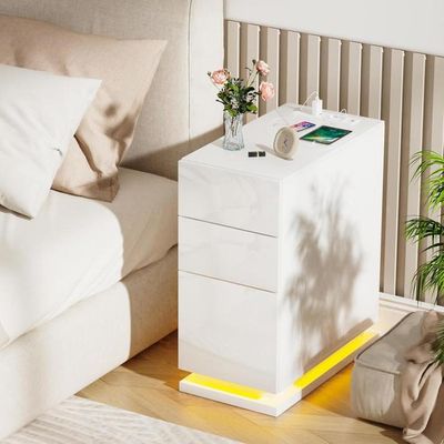 Lvhcmfohm Lot de 2 Table de Chevet avec Station de Charge, Table de Nuit avec lumière LED, Chevet de Lit avec 3 Tiroirs, 2 Ports USB (Blanc, 45x35x62cm