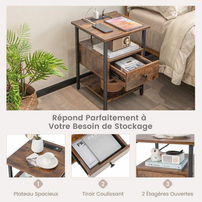 Table Console Fine 5,9" VEDECASA Avec Station De Charge - Design Industriel Marron Vintage 240x15x80 Cm