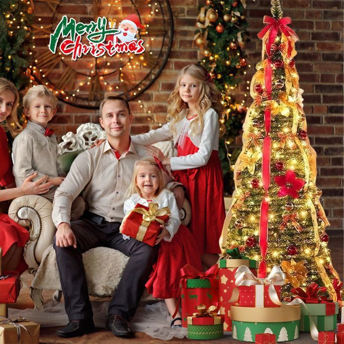 Sapin De Noël Artificiel 150 Cm Avec Guirlande LED - Arbre Décoratif Pliable, 150 Lumières Chaudes 8 Modes, Facile à Monter
