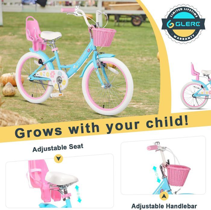 Vélo Enfant Fille 12-20 Pouces Glerc Maggie - Siège Poupée, Panier, Stabilisateurs - Multi-Couleurs