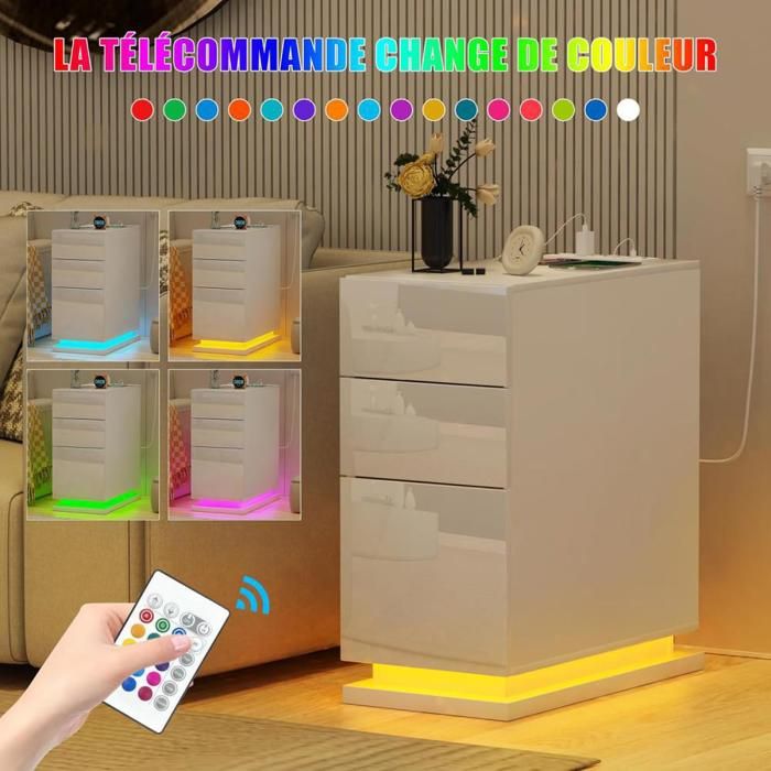 Table De Chevet étroite Avec LED RGB Et Prises USB - 50x30x63 Cm, 3 Tiroirs, Télécommande - 12