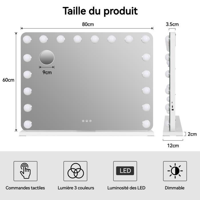 Miroir De Maquillage éclairé Hollywood Avec 3 Lumières (chaude/froide/naturelle) - 58x46cm, Loupe 10x, Ports USB/Type-C