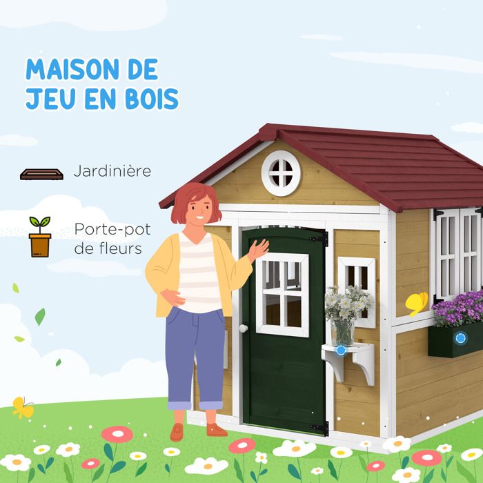 Cabane Enfant Extérieur Outsunny Maison Enfant Extérieure Avec Porte Fenêtres Et Jardinières 114 X 126,4 X 135 Cm Bleu | France Cabane Jeu Enfants Porte Fenêtres