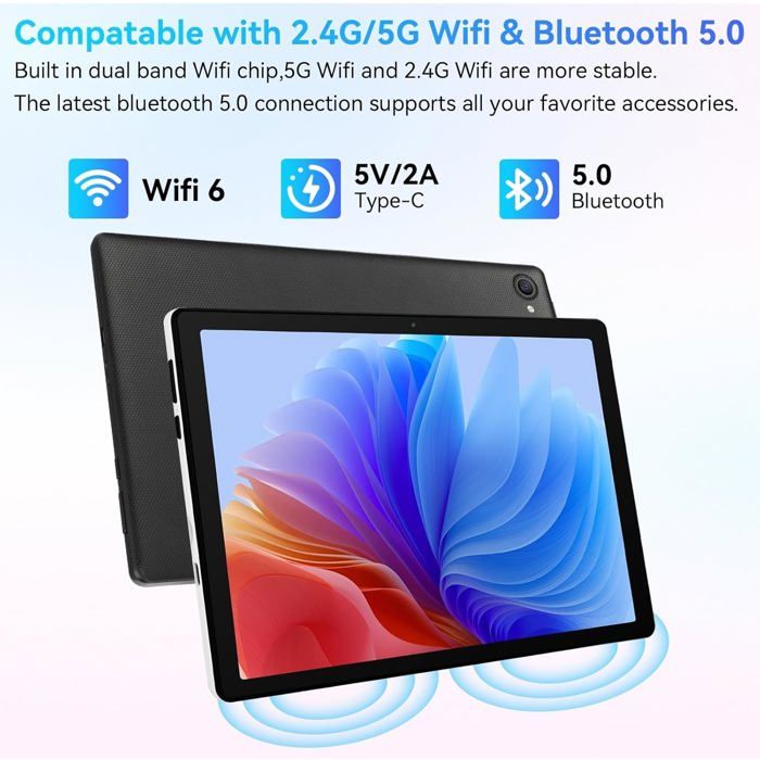 Tablette Android 10 Pouces - 8 Go RAM, 64 Go ROM, Extensible 1 To - Processeur Octa-Core, WiFi 6, écran IPS HD - Noir