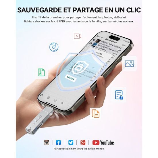 Clé USB 512 Go Pour IPhone Apple MFI Certifié, Lightning Avec USB 3.0/Type C /Micro-USB Pour IPad/Macbook, Compatible IOS/Android/PC - Gris