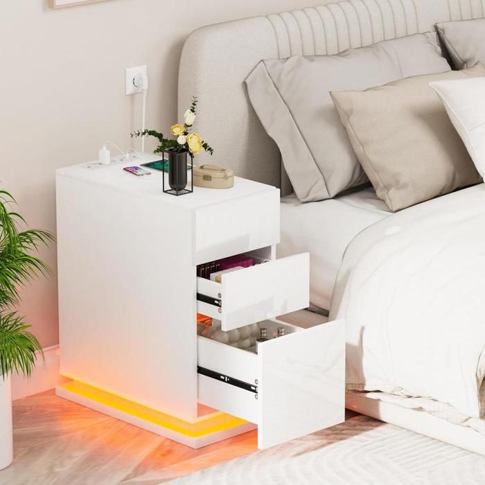 Table De Chevet étroite 25 Cm Avec Chargeur LED - 3 Tiroirs, Station Charge Haute, éclairage RGB