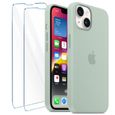 Coque Apple iPhone 15 Housse Liquide Silicone Case Vert avec 2 Pcs Verres Trempés Doublure en Microfibre Protection Antichoc Étui-0