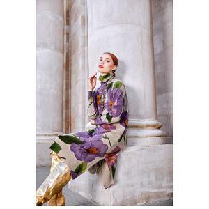 ROBE Robe,Robe longue tricotée à col roulé, motif Floral, style Vintage, Chic, grande taille, élégante, moulante, en laine, collection