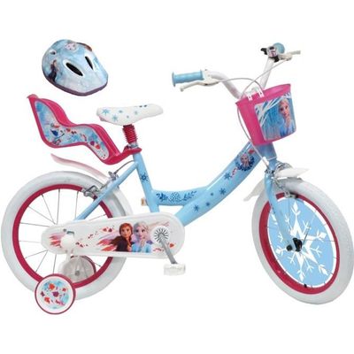 Velo Enfant 16 Reine Des Neiges II Disney Fille taille 105 cm a 120 cm Bleu Rose equipe de 2 Freins Porte poupee Panier Cdiscount Sport