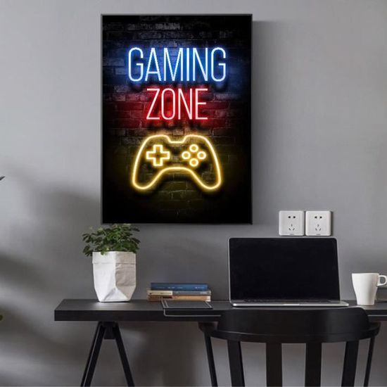 Tableau Toile Manette Jeu Vidéo - Décoration Gamer - 80x40cm - Style Néon - Pour Chambre Ado