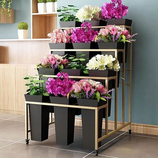 Présentoir à Fleurs Métallique à 2 étages Avec Roulettes – Inclut 9 Seaux Blancs | Étagère Mobile Pour Jardin, Cour Ou Boutique