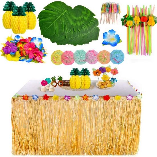 119 Pièces Hawaïenne Luau Table Jupe Set de Décoration, Palmier de Simulation, Fleurs d'hibiscus en Soie, Cure-Dents de Parapluie, P