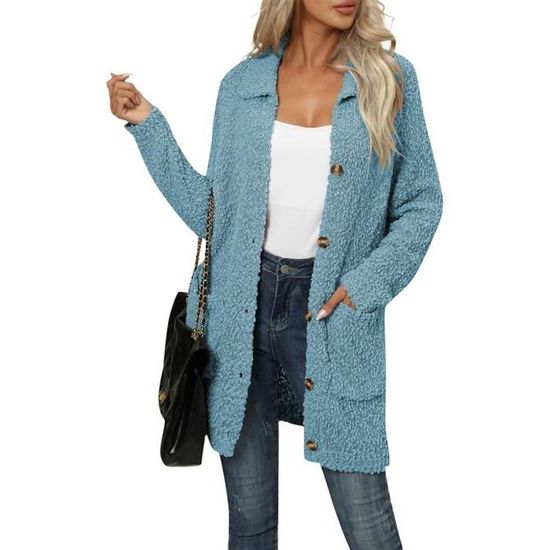 Tricot Manteau Femme Automne Hiver Mi Long Veste Femme Mi Uni Personnalite Boutonne Classic Col a Revers Mode Cardigan Bleu