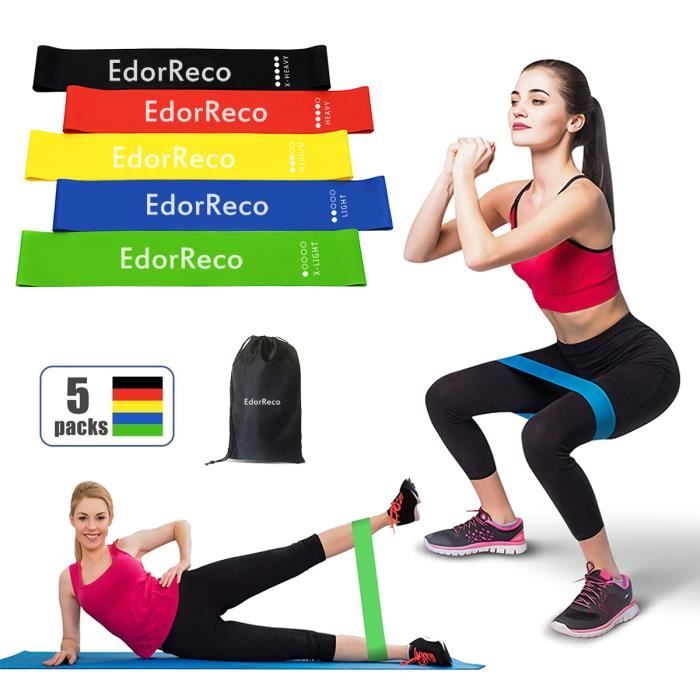 EdorReco 5 Pièces Bandes de Fitness élastique pour Yoga Musculation Sport - avec Sac de Rangement