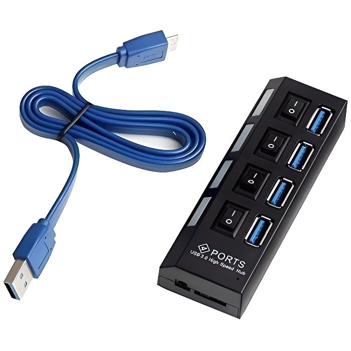 Multiprise USB 3.0 avec 4 ports avec indicateur LED et interrupteurs individuels pour economiser l'énergie