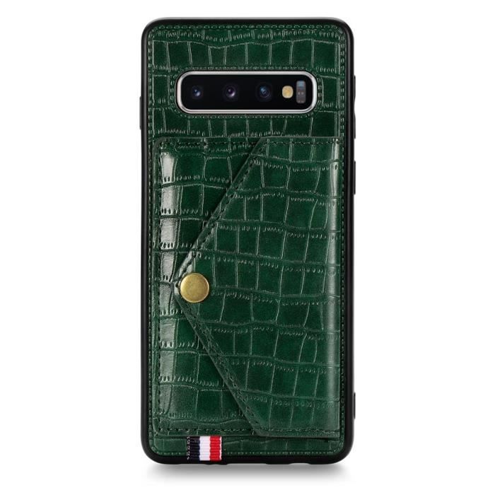 Étui Samsung Galaxy S10 Plus, Cuir Porte-Cartes Motif à Crocodile Silicone Ultra-fin Support Housse Protection, Vert foncé