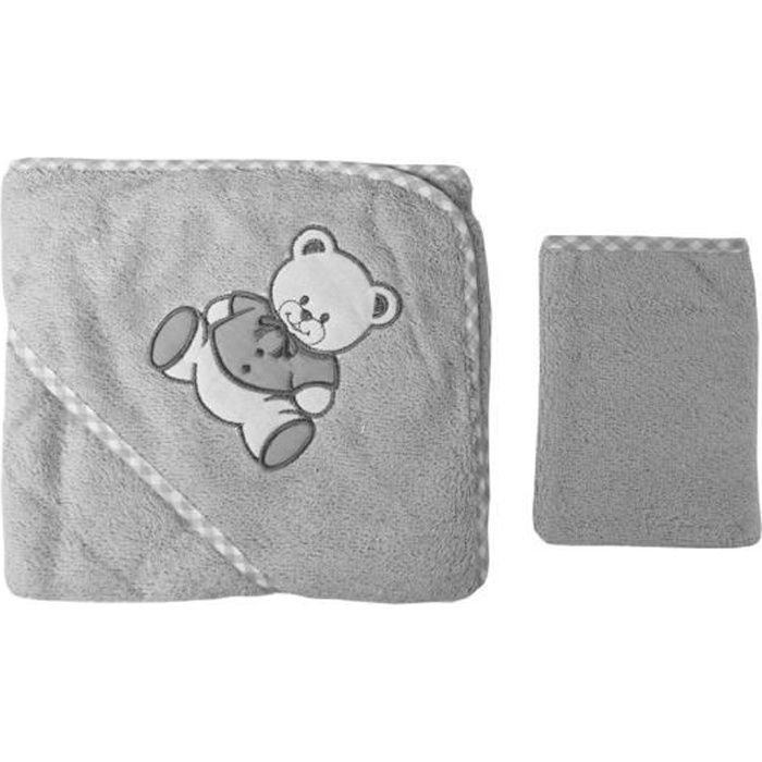 Parure de bain pour bébé gris - Motif Nounours