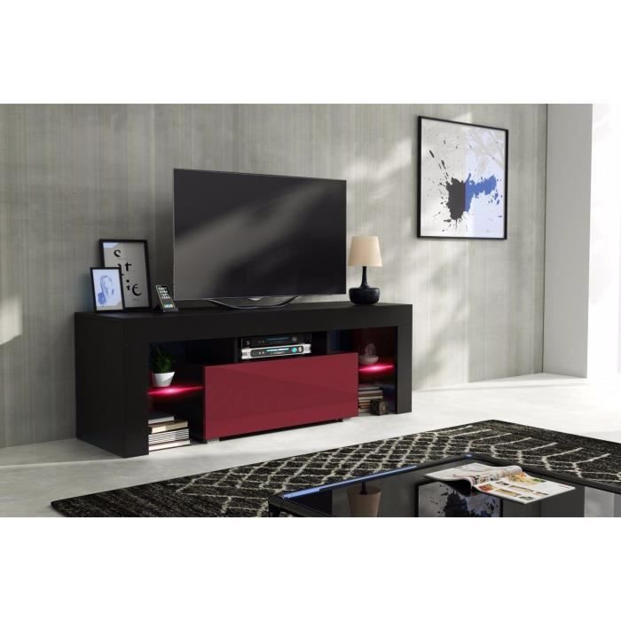 Meuble tv 130 cm corps noir mat et porte laquée bordeaux avec led