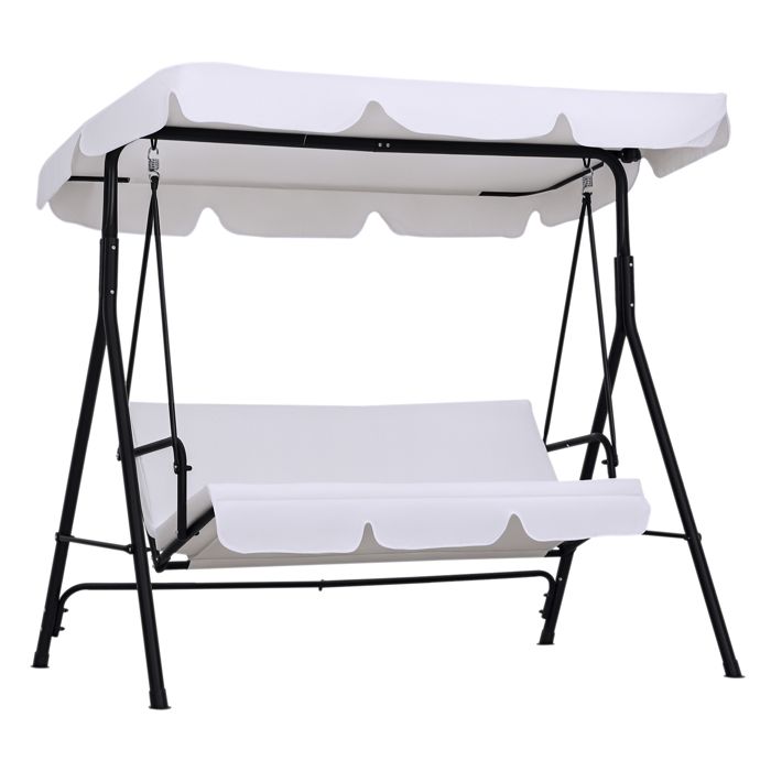 Balancelle de jardin 3 places toit inclinaison réglable coussins assise et dossier 1,72L x 1,1l x 1,52H m acier noir polyester blanc