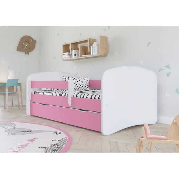 Lit Enfant Rose avec Matelas 140x70 cm avec Barrière de Sécurité, Tiroir et Sommier à Lattes - pour Garçons et Filles - 140x70 cm