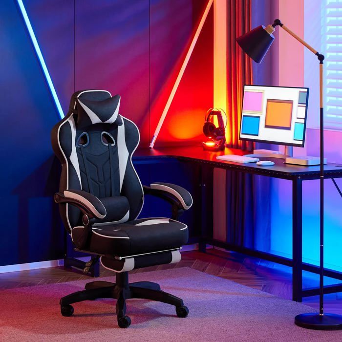 Chaise Gaming WOLTU - Ergonomique, Dossier Inclinable, Réglable En Hauteur - Tissu Leathaire Blanc