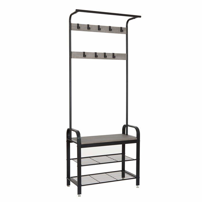 MEERVEIL Vestiaire meuble dentrée noir style industriel 5 crochets banc et 2 étagères H1070CR01WG