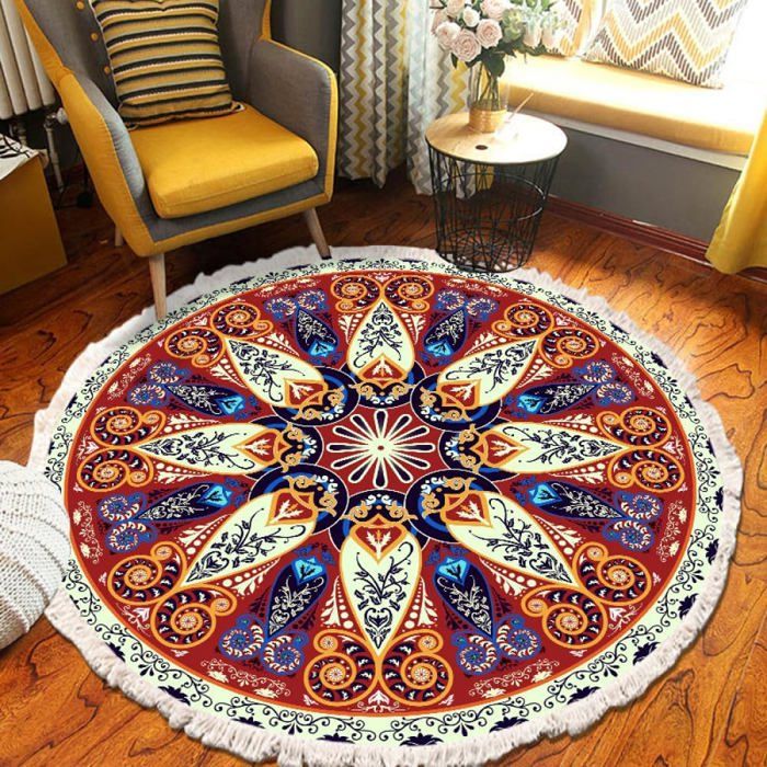 Grand Tapis Indien Rond Mandala Bleu - Coton - Yoga & Décoration (182 Cm)