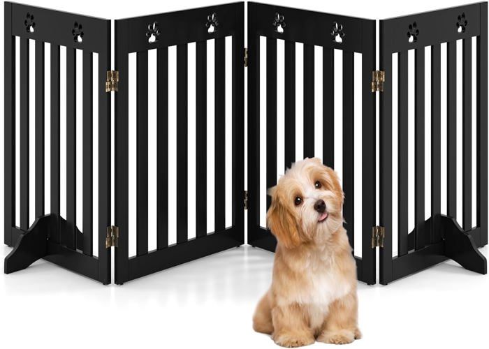 Meilleurs prix pour COSTWAY Barrière de Sécurité Modulable Pliable pour Animaux Chiens à 4 Panneaux avec 2 Pieds de Support Amovibles, 204x61CM, Marron