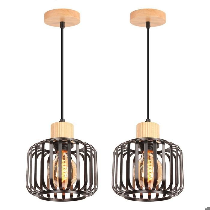 Suspension Luminaire - IDEGU - Rétro - Bois et Métal - E27 - 60W - Noir