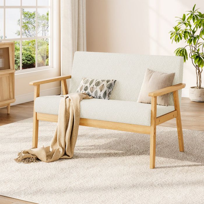 Canapé 2 places Moderne et scandinave Bois et Velours Teddy Pour salon chambre à coucher bureau Blanc 107 x 60 x 77 cm
