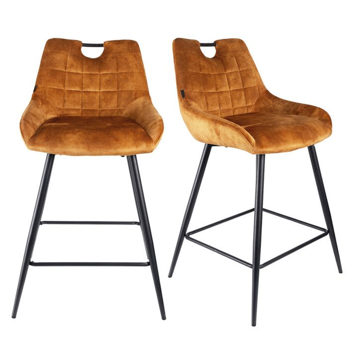 Lot 2 tabourets bar en velours jaune moutarde pied métal noir - BRANDY Meubletmoi Lot 2 tabourets bar en velours jaune moutarde pied métal noir - BRANDY Meubletmoi
