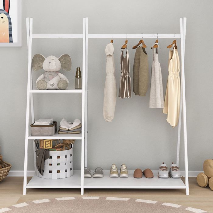 Penderie enfant LOTTE avec 3 étagères Montessori en bois massif blanc 108x115x47 cm idéale pour garde-robe compact