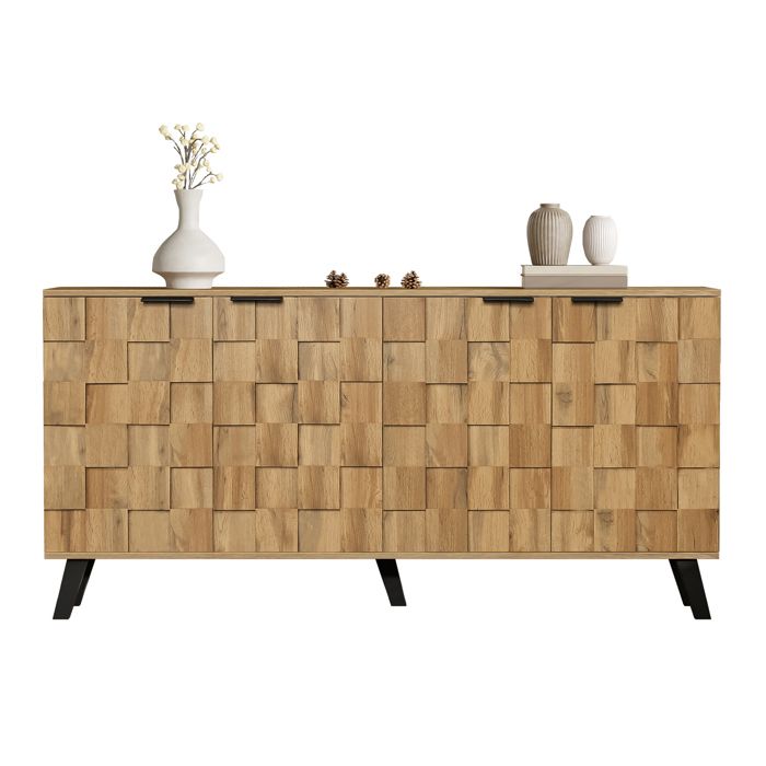 Credenza Moderna 4 Ante 160x35x78 Cm - Mobile Con Ripiani Regolabili E Maniglie Nere, Per Soggiorno, Camera Da Letto, Sala Da Pranzo