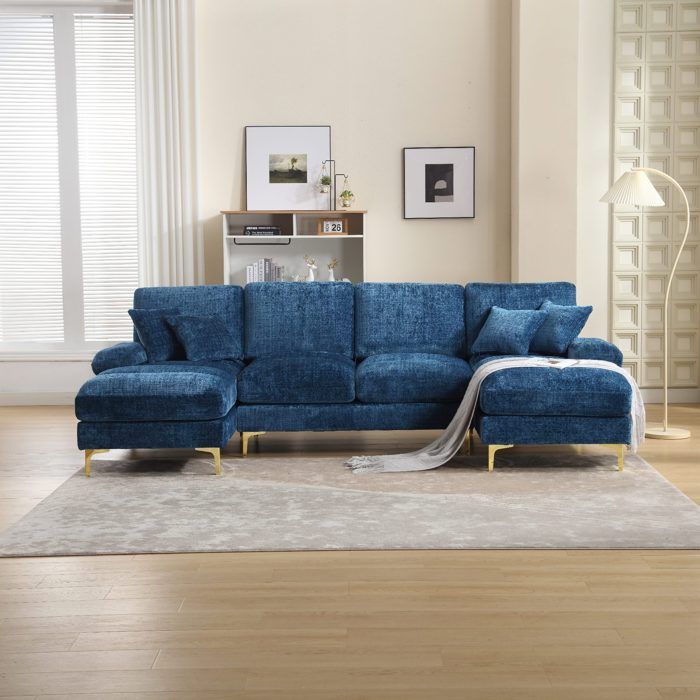Canapé D'angle Modulable 4 Places En Chenille - Avec Pouf Rangement Amovible - Accoudoirs Porte-gobelets Et Poches - Noir Et Autres Coloris