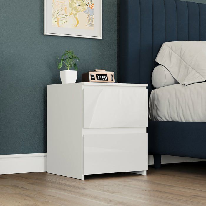Glinton Table de Chevet 2 Tiroirs Blanc Laqué Brillant Meuble de Chambre Moderne 100% FSC