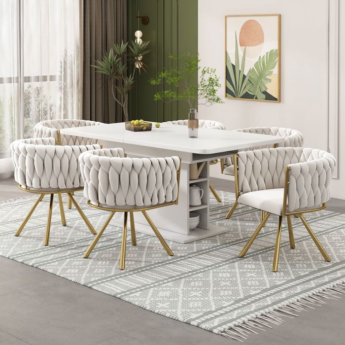 Ensemble de 6 chaises de salle à manger velours beige et or rembourrées rotatif 360° dos ergonomique structure métallique