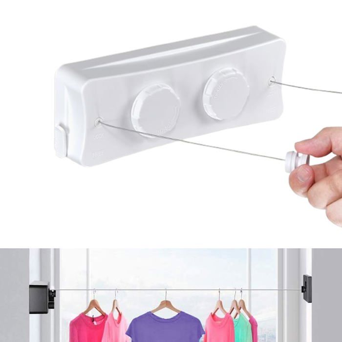 Étendoir à linge rétractable pour balcon 2 x 5 1 m en acier inoxydable pour extérieur et intérieur(blanc)