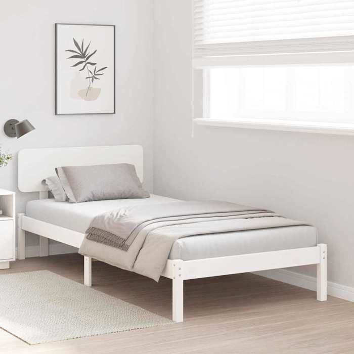 Structure de lit avec tête de lit - UU - Pin massif - Blanc - 90x190 cm - Cadre à lattes - Facile à nettoyer - Durable