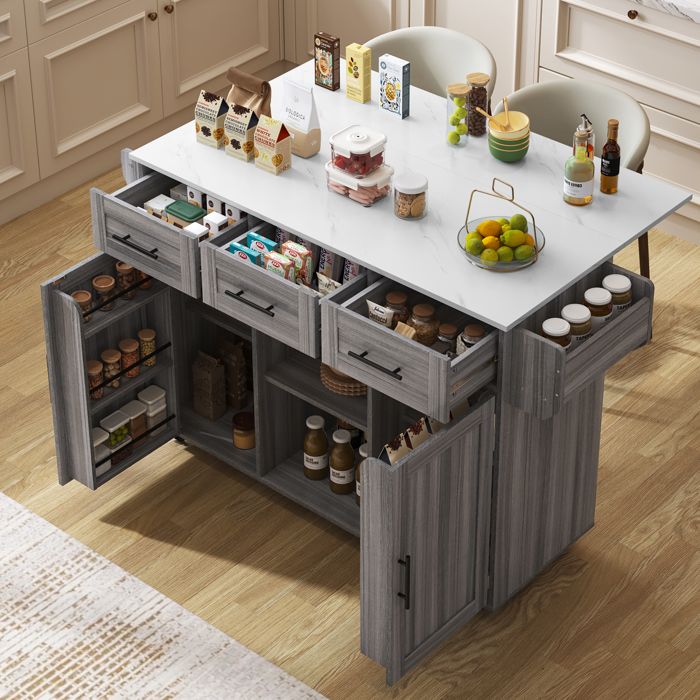 Buffet de cuisine 139 cm îlot mobile - Plan rabattable rangement avec porte structure gris bois et marbre blanc - Design pratique