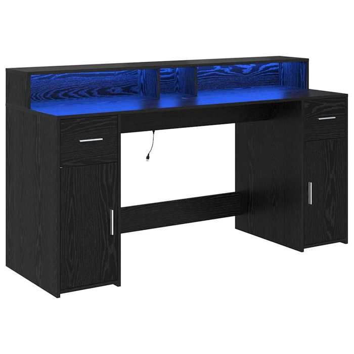 Bureau avec porte en bois dingénierie - CLARENCE - 160x55x91 cm - Chêne noir - Bandes LED intégrées