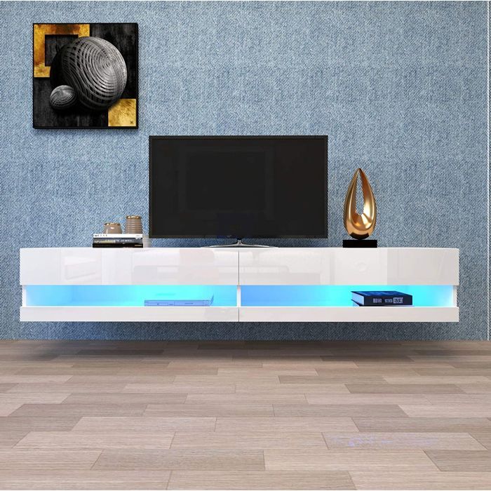 Meuble TV Suspendu 140x40x30.5 cm avec Rangement et bande LED. Panneau UV haute brillance. blanc