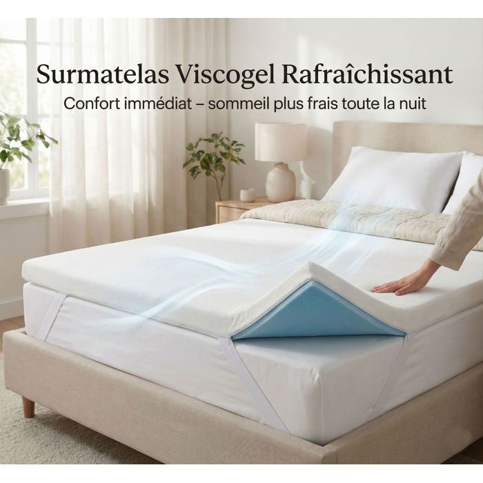 Surmatelas Viscogel mémoire de forme rafraîchissant 200 x 200 cm Épaisseur 8 cm confort équilibré – Fabriqué en Espagne