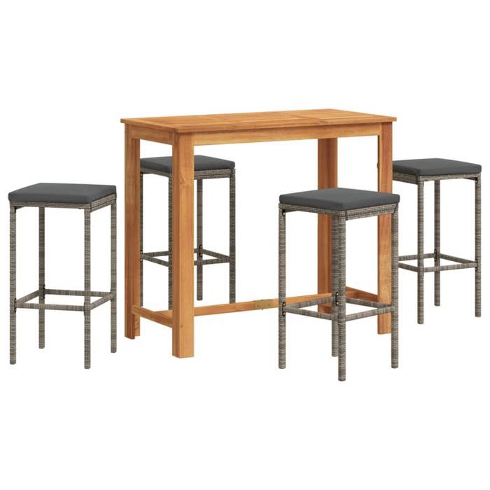 SALE 2026Meuble dExtérieur - Table et 4 Chaises Gris - Ensemble de bar de jardin 5 pcs gris bois massif acacia rotin 35.2 Kg 966