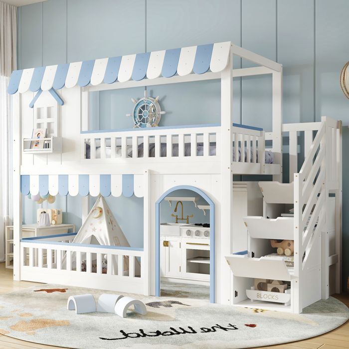 Lit mezzanine pour enfant 90 x 200 cm convertible en lit double avec escalier de rangement et barrière de sécurité style cottage