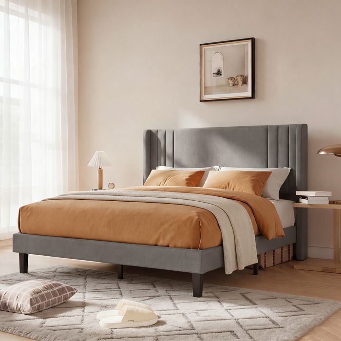 Lit Double 140x200cm - Tête de Lit Capitonné - Cadre de Lit Adultes Adolescents avec sommier a lattes - 2 Place - Tissu Lin Gris