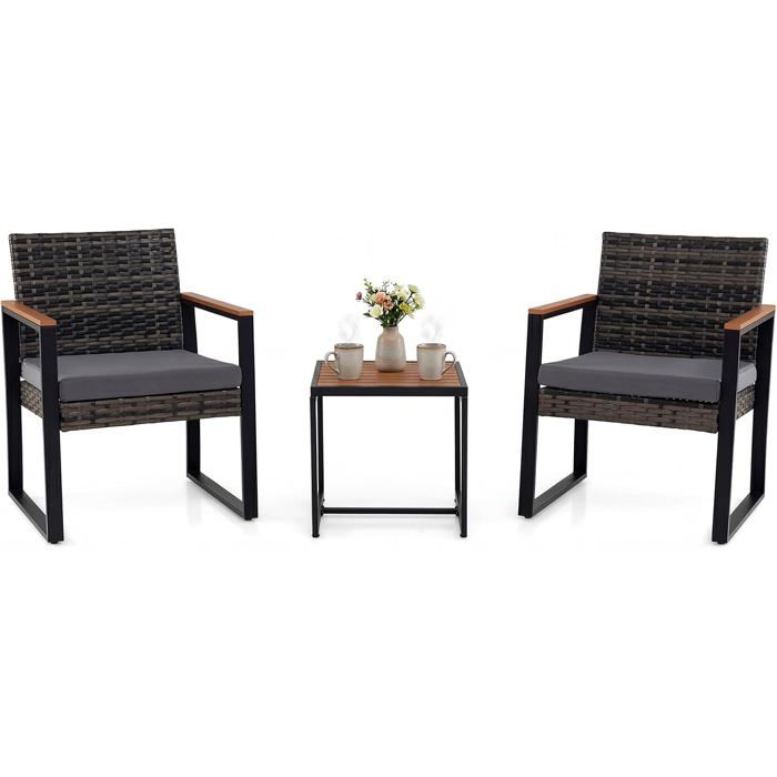 Ensemble de Table et Chaises de Jardin COSTWAY 2 Fauteuils en Rotin PE Noir Table Basse à Plateau en Bois Composite Coussin Gris