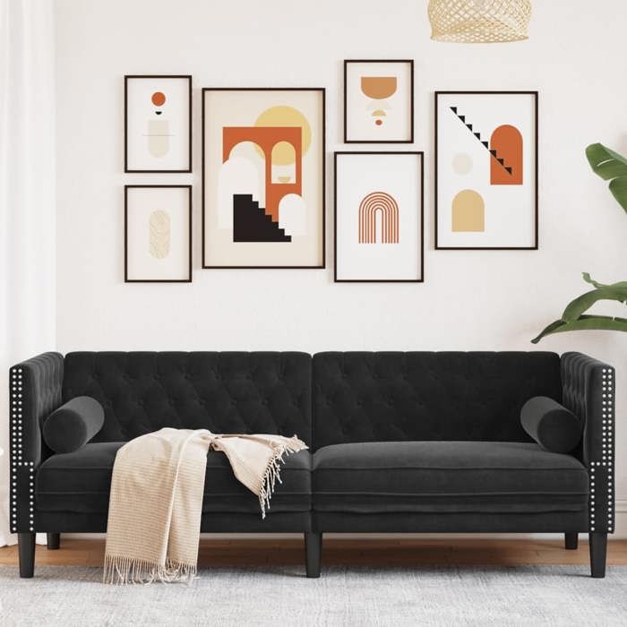 Haute Qualité Canapé Chesterfield avec traversins 3 places moderne - ZENCORE - 1 Sofa-set - 3 personnes - noir velours 194x745x705